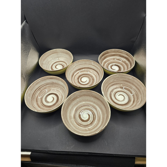 Set Of 6 Vtg 50s SANTA ANITA VRENIWARE YELLOW AND BROWN SWIRL 5 " BOWLS - Picture 1 of 7